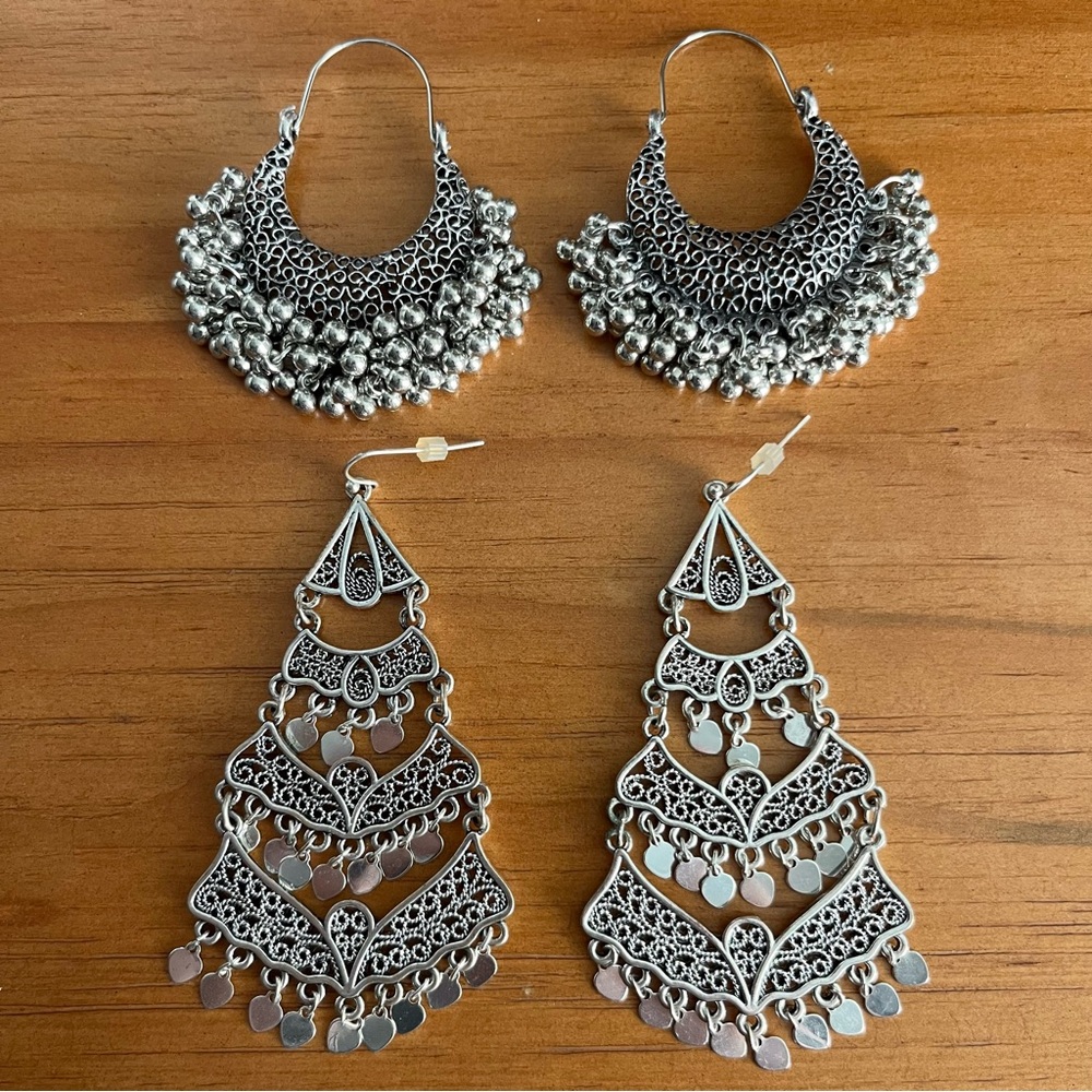 BOGO Two Pairs of Statement Silver Tone Earrings Chandelier and Hoop